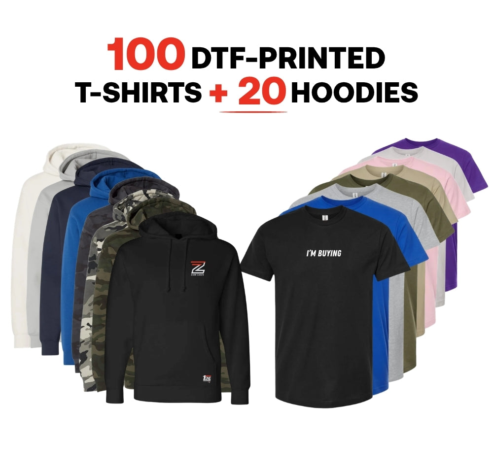 100 DTF-printed T-shirts + 20 Hoodies