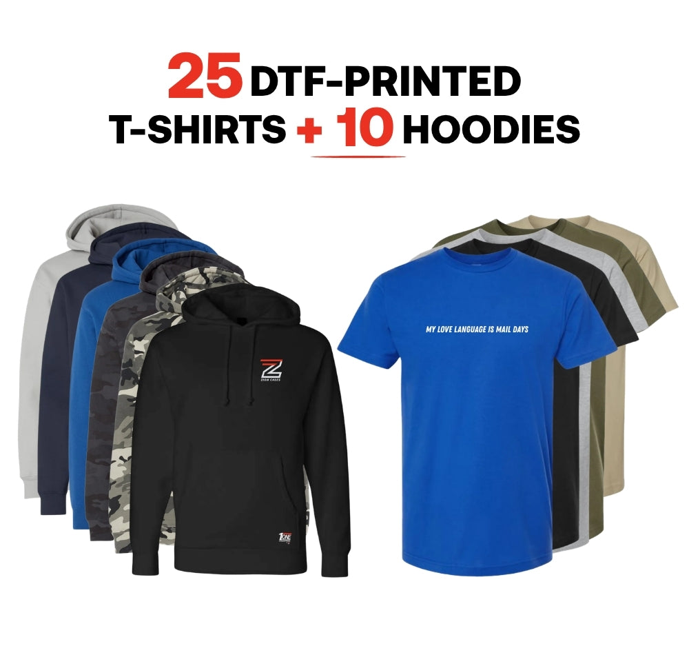 25 DTF-printed T-shirts + 10 Hoodies