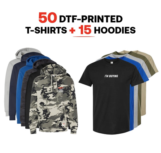 50 DTF-printed T-shirts + 15 Hoodies