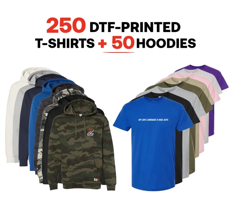 250 DTF-printed T-shirts + 50 Hoodies